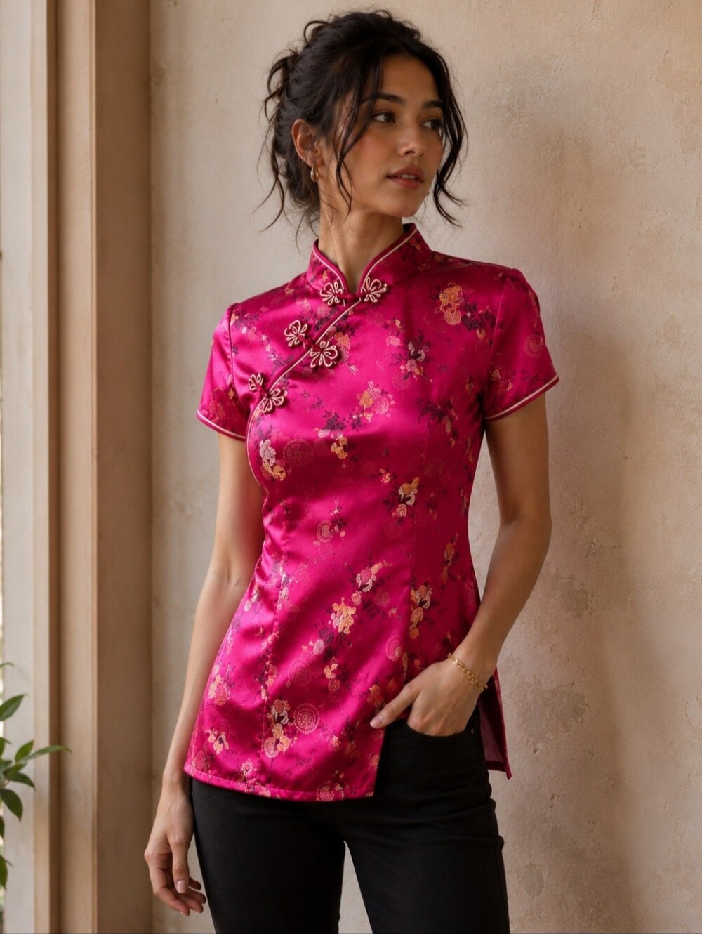 Vintage Solz Squirrel Fuchsia Satin Brocade Cheongsam Top Blouse